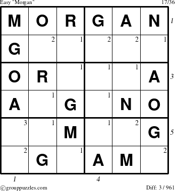 The grouppuzzles.com Easy Morgan puzzle for  with all 3 steps marked