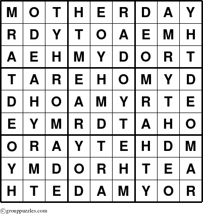 The grouppuzzles.com Answer grid for the Motherday puzzle for 