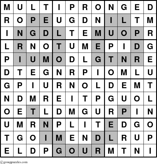 The grouppuzzles.com Answer grid for the Multipronged puzzle for 