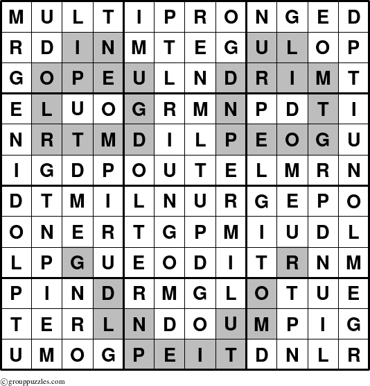 The grouppuzzles.com Answer grid for the Multipronged puzzle for 