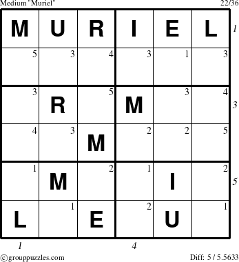 The grouppuzzles.com Medium Muriel puzzle for  with all 5 steps marked