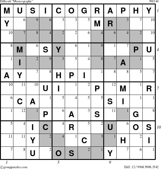 The grouppuzzles.com Difficult Musicography puzzle for , suitable for printing, with all 12 steps marked