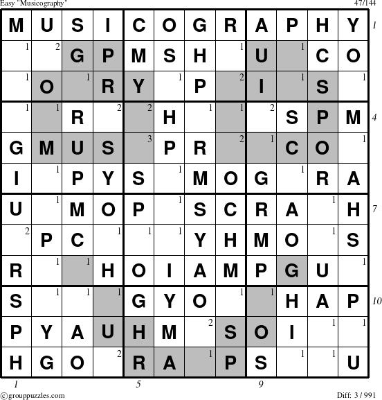 The grouppuzzles.com Easy Musicography puzzle for , suitable for printing, with all 3 steps marked