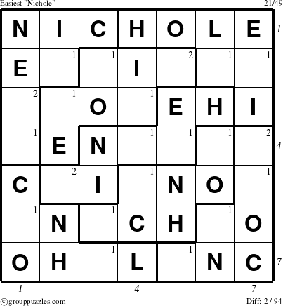 The grouppuzzles.com Easiest Nichole puzzle for  with all 2 steps marked