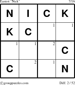 The grouppuzzles.com Easiest Nick puzzle for  with the first 2 steps marked