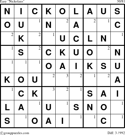 The grouppuzzles.com Easy Nickolaus puzzle for  with the first 3 steps marked