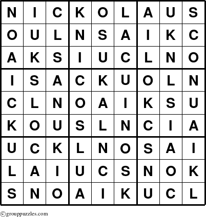 The grouppuzzles.com Answer grid for the Nickolaus puzzle for 