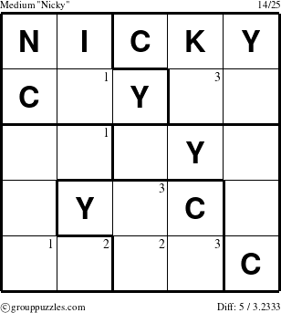 The grouppuzzles.com Medium Nicky puzzle for  with the first 3 steps marked