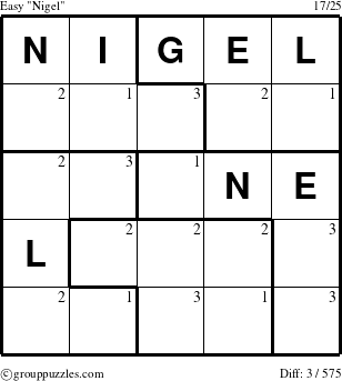 The grouppuzzles.com Easy Nigel puzzle for  with the first 3 steps marked