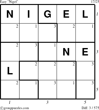 The grouppuzzles.com Easy Nigel puzzle for  with all 3 steps marked