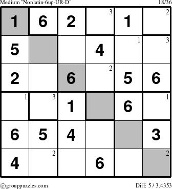 The grouppuzzles.com Medium Nonlatin-6up-UR-D puzzle for  with the first 3 steps marked