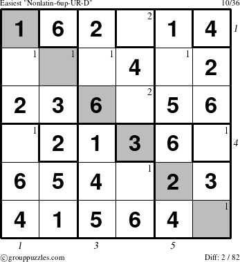 The grouppuzzles.com Easiest Nonlatin-6up-UR-D puzzle for , suitable for printing, with all 2 steps marked