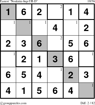 The grouppuzzles.com Easiest Nonlatin-6up-UR-D puzzle for  with the first 2 steps marked