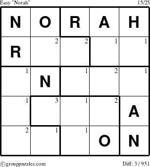 The grouppuzzles.com Easy Norah puzzle for  with the first 3 steps marked