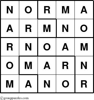 The grouppuzzles.com Answer grid for the Norma puzzle for 