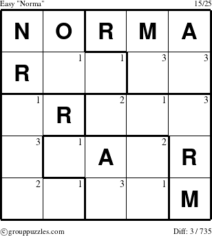 The grouppuzzles.com Easy Norma puzzle for  with the first 3 steps marked