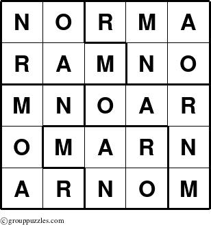 The grouppuzzles.com Answer grid for the Norma puzzle for 