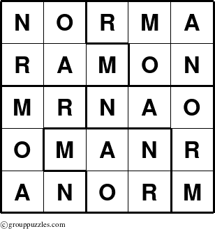 The grouppuzzles.com Answer grid for the Norma puzzle for 