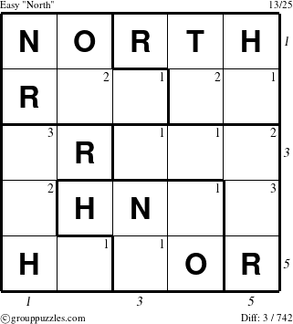 The grouppuzzles.com Easy North puzzle for , suitable for printing, with all 3 steps marked