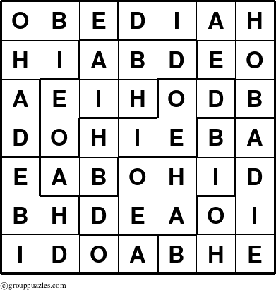 The grouppuzzles.com Answer grid for the Obediah puzzle for 