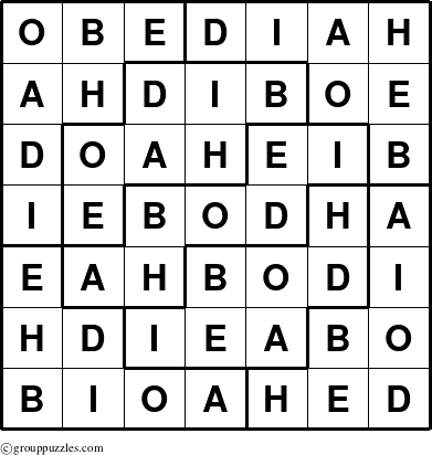 The grouppuzzles.com Answer grid for the Obediah puzzle for 