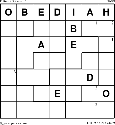 The grouppuzzles.com Difficult Obediah puzzle for  with the first 3 steps marked