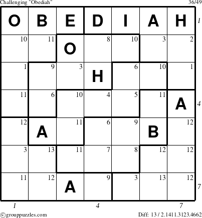 The grouppuzzles.com Challenging Obediah puzzle for , suitable for printing, with all 13 steps marked