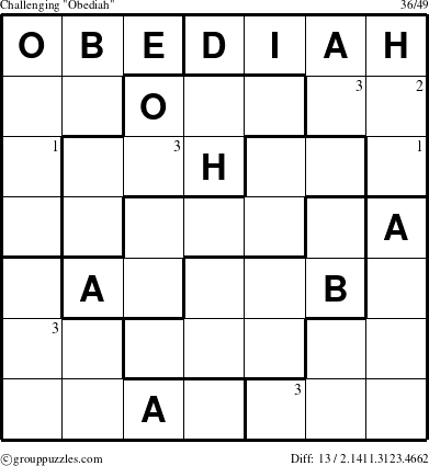 The grouppuzzles.com Challenging Obediah puzzle for  with the first 3 steps marked