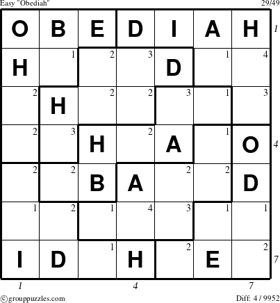 The grouppuzzles.com Easy Obediah puzzle for  with all 4 steps marked