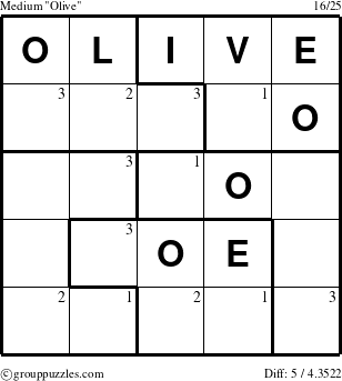 The grouppuzzles.com Medium Olive puzzle for  with the first 3 steps marked