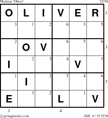 The grouppuzzles.com Medium Oliver puzzle for , suitable for printing, with all 6 steps marked