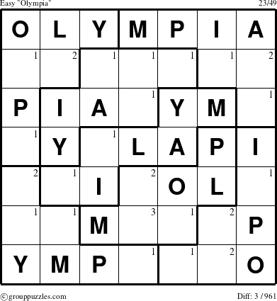 The grouppuzzles.com Easy Olympia puzzle for  with the first 3 steps marked