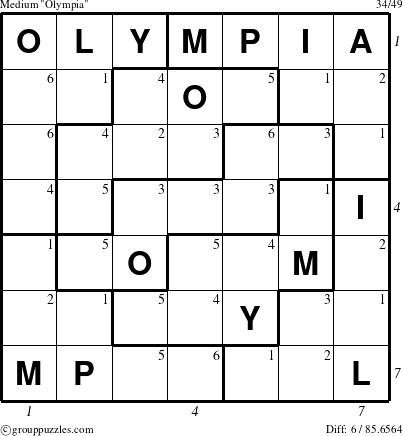 The grouppuzzles.com Medium Olympia puzzle for , suitable for printing, with all 6 steps marked