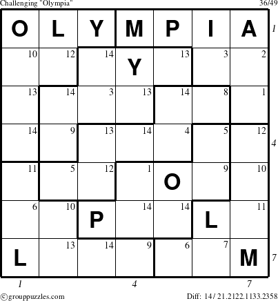 The grouppuzzles.com Challenging Olympia puzzle for , suitable for printing, with all 14 steps marked