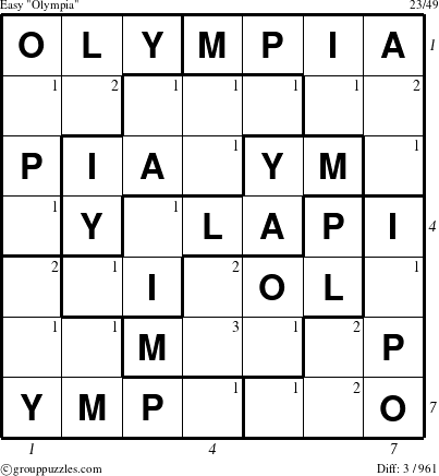 The grouppuzzles.com Easy Olympia puzzle for  with all 3 steps marked