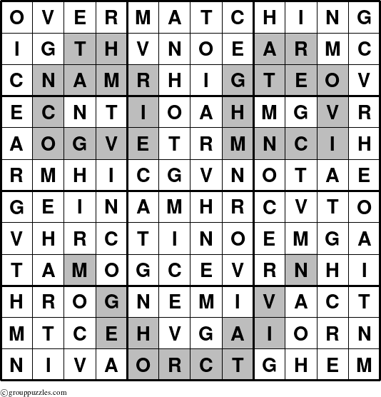 The grouppuzzles.com Answer grid for the Overmatching puzzle for 