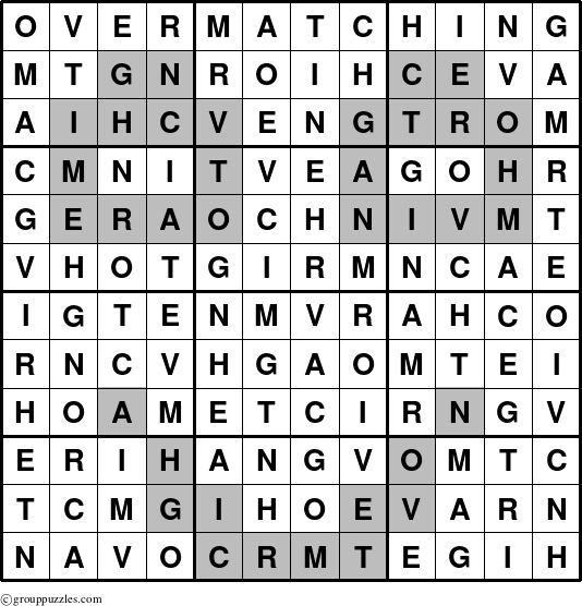 The grouppuzzles.com Answer grid for the Overmatching puzzle for 