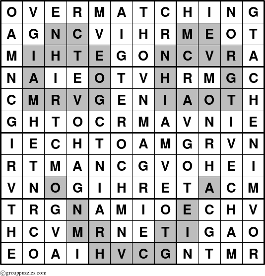 The grouppuzzles.com Answer grid for the Overmatching puzzle for 