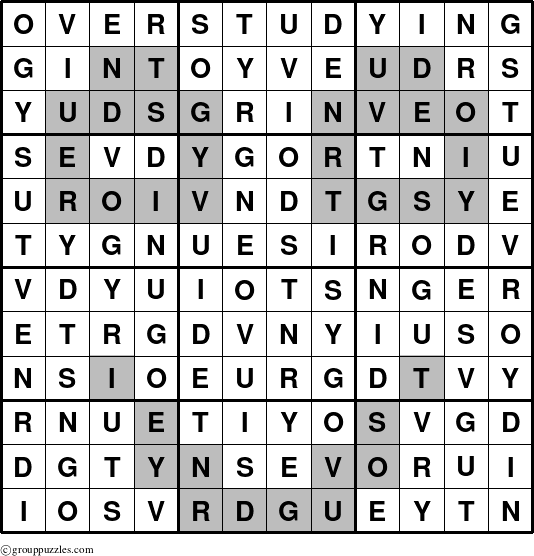 The grouppuzzles.com Answer grid for the Overstudying puzzle for 