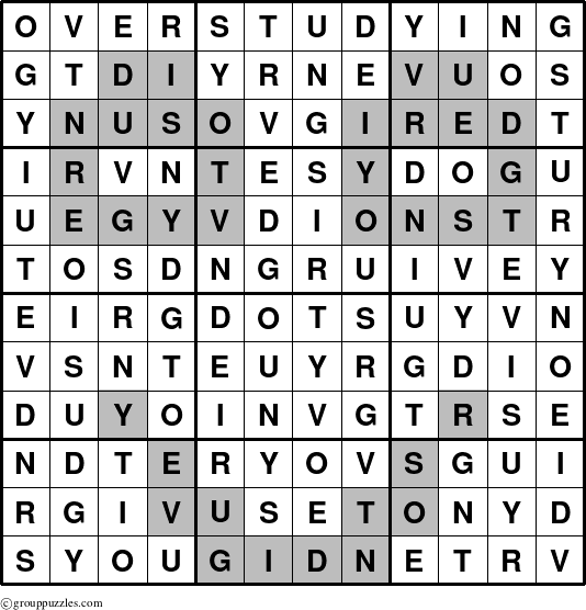 The grouppuzzles.com Answer grid for the Overstudying puzzle for 