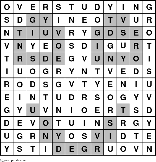 The grouppuzzles.com Answer grid for the Overstudying puzzle for 