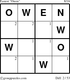 The grouppuzzles.com Easiest Owen puzzle for  with the first 2 steps marked