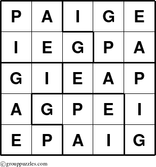 The grouppuzzles.com Answer grid for the Paige puzzle for 