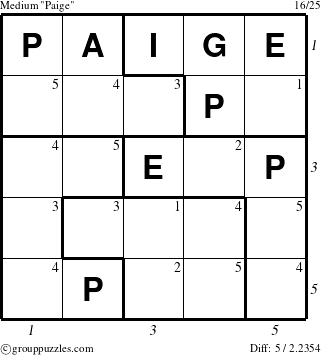 The grouppuzzles.com Medium Paige puzzle for  with all 5 steps marked