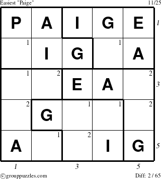 The grouppuzzles.com Easiest Paige puzzle for , suitable for printing, with all 2 steps marked