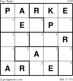 The grouppuzzles.com Easy Parke puzzle for  with the first 3 steps marked