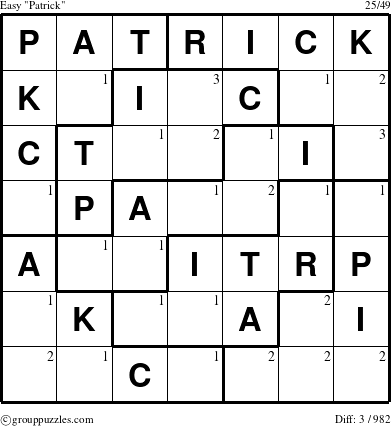 The grouppuzzles.com Easy Patrick puzzle for  with the first 3 steps marked