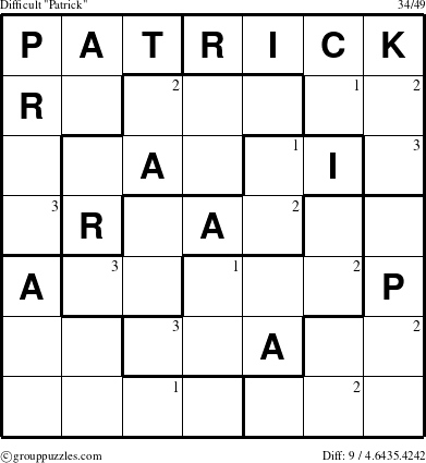 The grouppuzzles.com Difficult Patrick puzzle for  with the first 3 steps marked