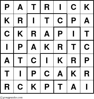 The grouppuzzles.com Answer grid for the Patrick puzzle for 