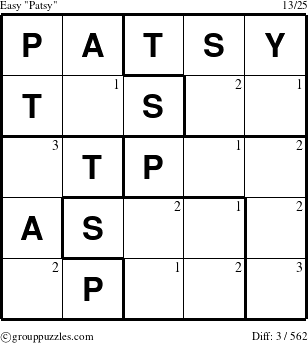 The grouppuzzles.com Easy Patsy puzzle for  with the first 3 steps marked